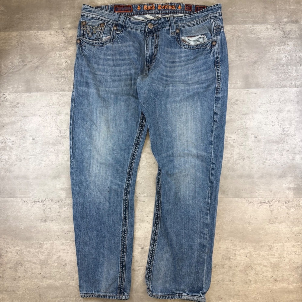 Rock Revival Victor Straight Jeans Mens 40 Light Wash‎ Blue Denim Victor J200